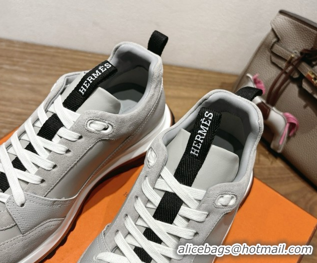 Sumptuous Hermes Leader Sneakers in Suede and Calfskin Leather Grey 1023035