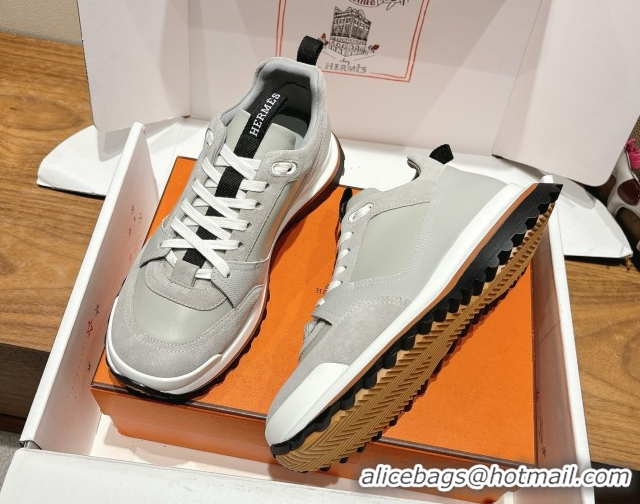 Sumptuous Hermes Leader Sneakers in Suede and Calfskin Leather Grey 1023035