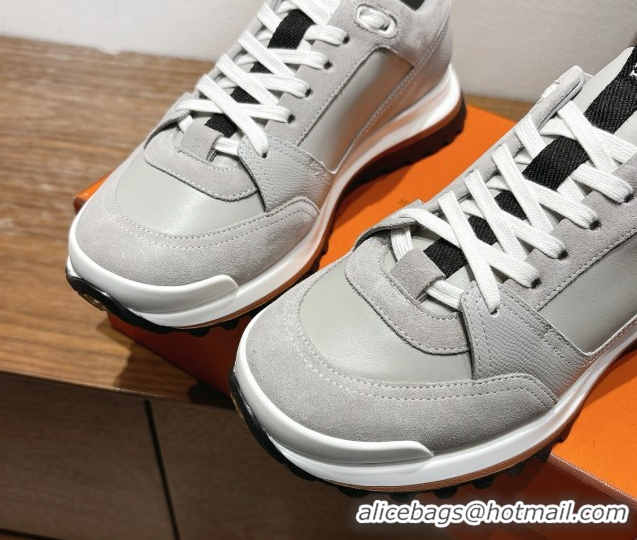 Sumptuous Hermes Leader Sneakers in Suede and Calfskin Leather Grey 1023035