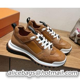 Top Grade Hermes Leader Sneakers in Suede and Calfskin Leather Tan Brown 1023037