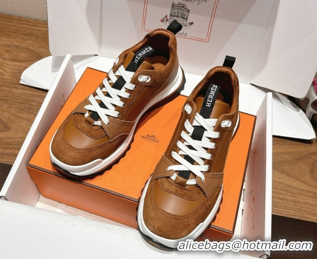 Top Grade Hermes Leader Sneakers in Suede and Calfskin Leather Tan Brown 1023037