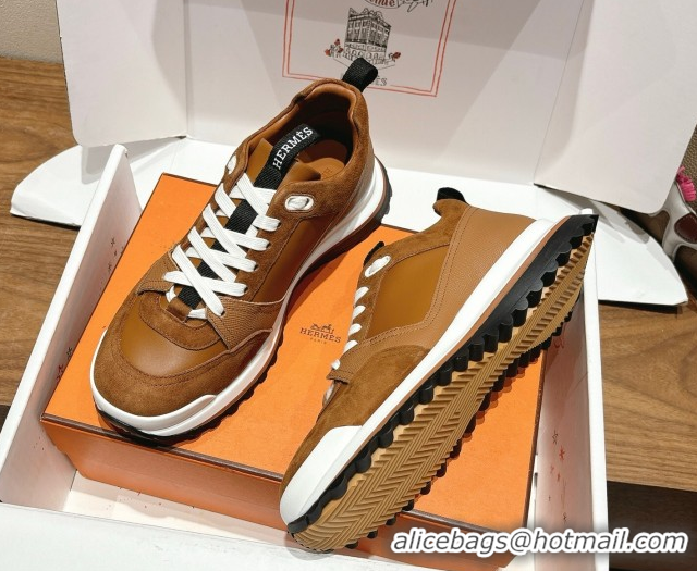 Top Grade Hermes Leader Sneakers in Suede and Calfskin Leather Tan Brown 1023037