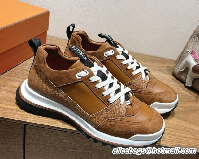 Top Grade Hermes Leader Sneakers in Suede and Calfskin Leather Tan Brown 1023037