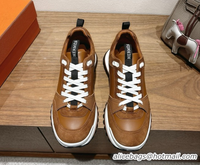 Top Grade Hermes Leader Sneakers in Suede and Calfskin Leather Tan Brown 1023037