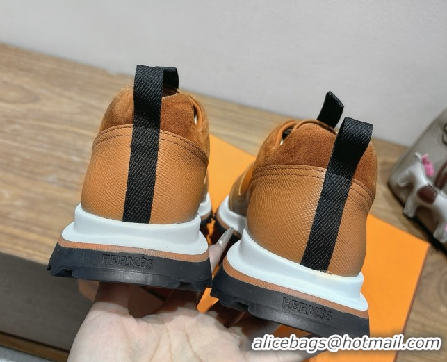 Top Grade Hermes Leader Sneakers in Suede and Calfskin Leather Tan Brown 1023037