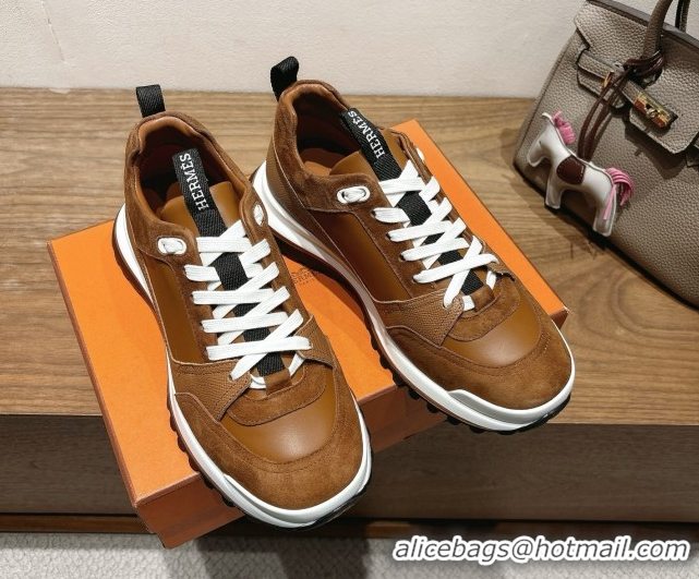 Top Grade Hermes Leader Sneakers in Suede and Calfskin Leather Tan Brown 1023037