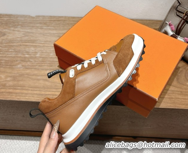 Top Grade Hermes Leader Sneakers in Suede and Calfskin Leather Tan Brown 1023037