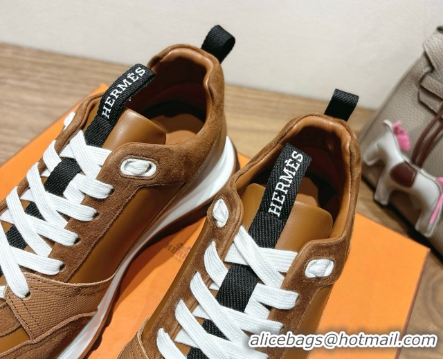 Top Grade Hermes Leader Sneakers in Suede and Calfskin Leather Tan Brown 1023037