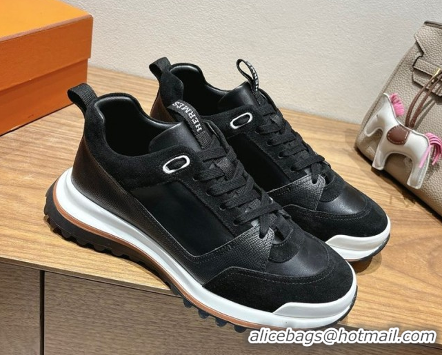 Stylish Hermes Leader Sneakers in Suede and Calfskin Leather Black 1023036
