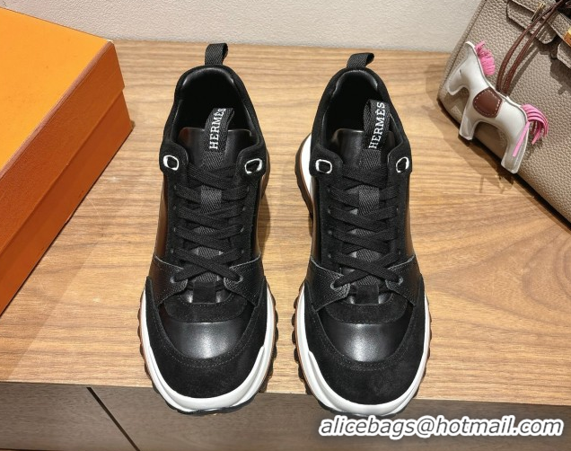 Stylish Hermes Leader Sneakers in Suede and Calfskin Leather Black 1023036