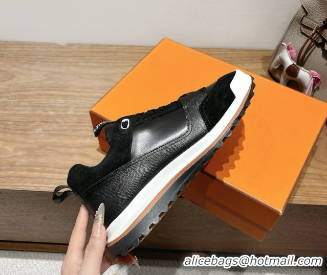 Stylish Hermes Leader Sneakers in Suede and Calfskin Leather Black 1023036