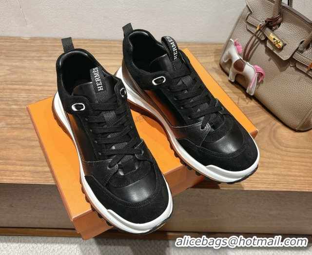 Stylish Hermes Leader Sneakers in Suede and Calfskin Leather Black 1023036