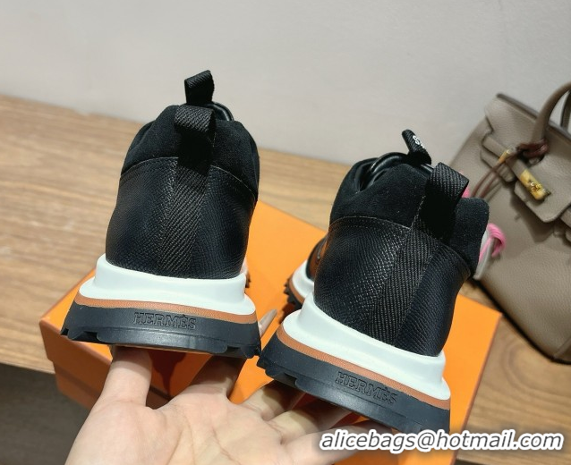 Stylish Hermes Leader Sneakers in Suede and Calfskin Leather Black 1023036