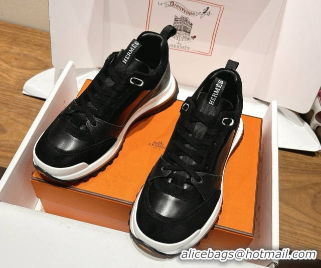 Stylish Hermes Leader Sneakers in Suede and Calfskin Leather Black 1023036