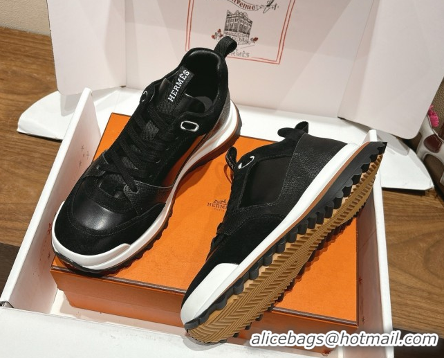 Stylish Hermes Leader Sneakers in Suede and Calfskin Leather Black 1023036