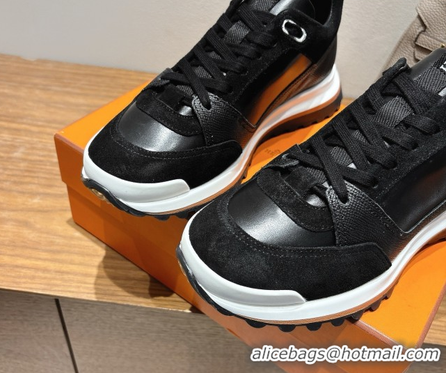 Stylish Hermes Leader Sneakers in Suede and Calfskin Leather Black 1023036