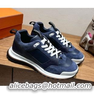 Perfect Hermes Leader Sneakers in Suede and Calfskin Leather Dark Blue 1023038