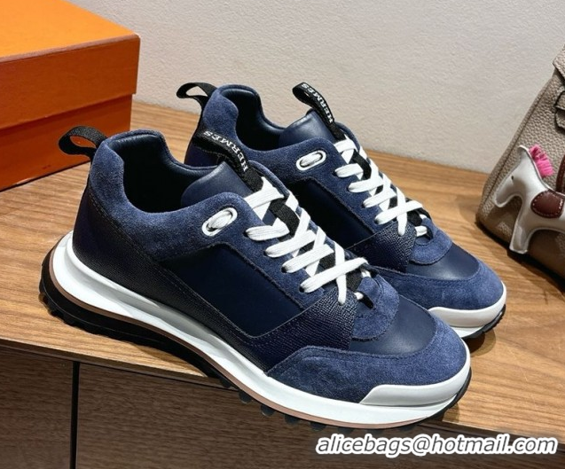Perfect Hermes Leader Sneakers in Suede and Calfskin Leather Dark Blue 1023038