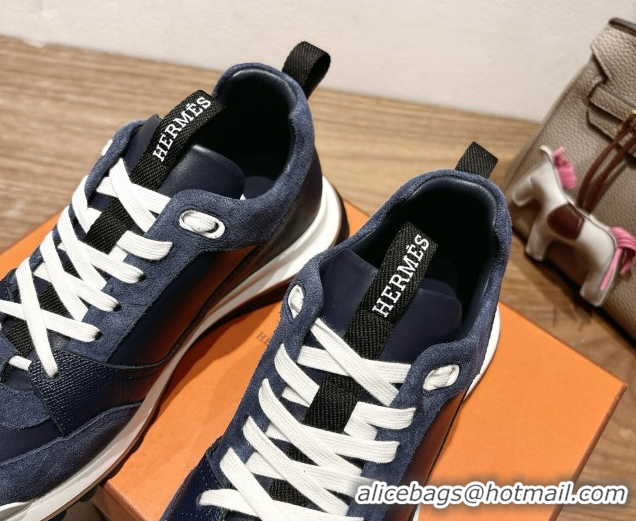 Perfect Hermes Leader Sneakers in Suede and Calfskin Leather Dark Blue 1023038
