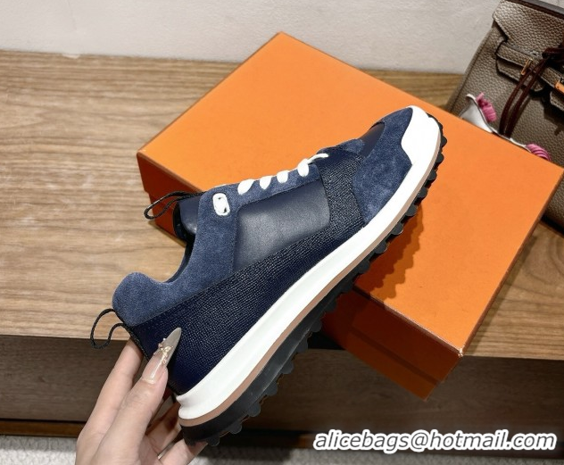 Perfect Hermes Leader Sneakers in Suede and Calfskin Leather Dark Blue 1023038