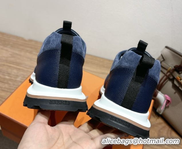 Perfect Hermes Leader Sneakers in Suede and Calfskin Leather Dark Blue 1023038