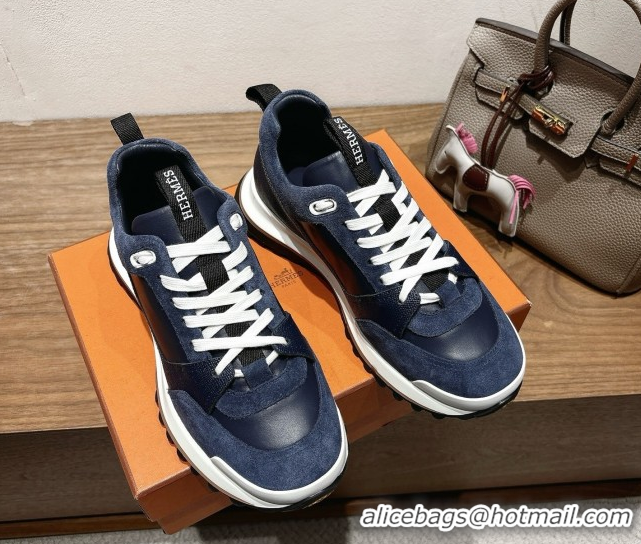 Perfect Hermes Leader Sneakers in Suede and Calfskin Leather Dark Blue 1023038