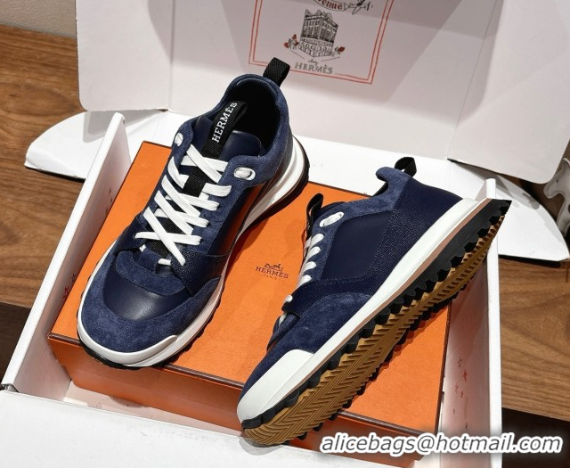 Perfect Hermes Leader Sneakers in Suede and Calfskin Leather Dark Blue 1023038