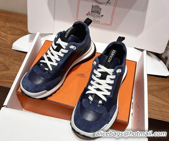 Perfect Hermes Leader Sneakers in Suede and Calfskin Leather Dark Blue 1023038