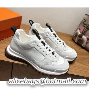 Buy Luxury Hermes Leader Sneakers in Suede and Calfskin Leather White 1023039