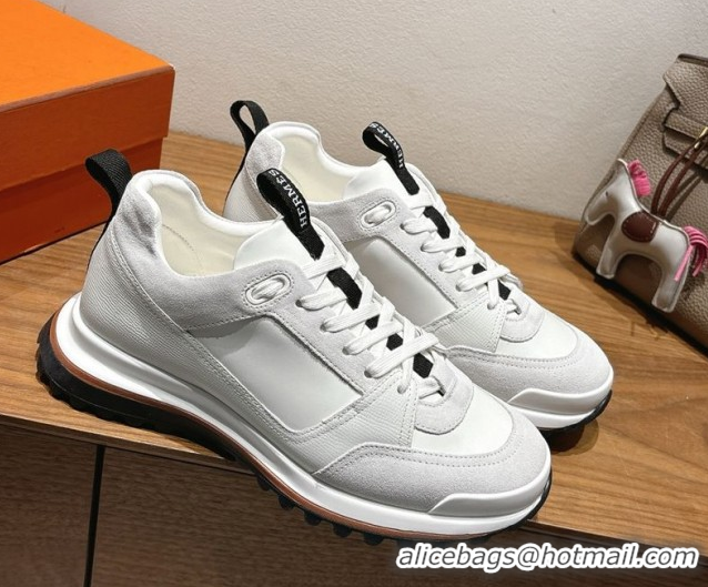 Buy Luxury Hermes Leader Sneakers in Suede and Calfskin Leather White 1023039