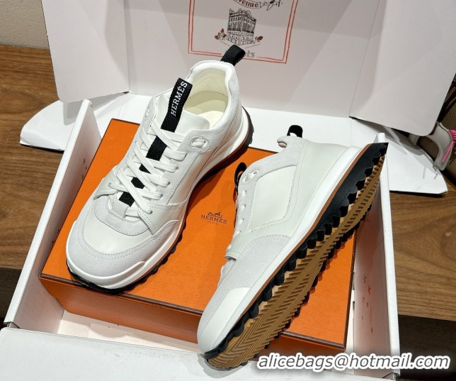 Buy Luxury Hermes Leader Sneakers in Suede and Calfskin Leather White 1023039