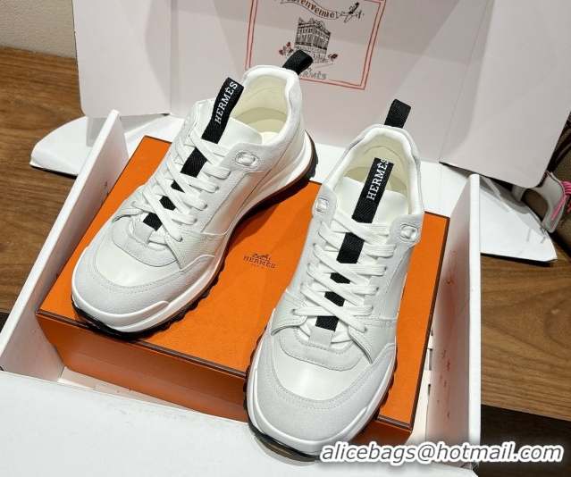 Buy Luxury Hermes Leader Sneakers in Suede and Calfskin Leather White 1023039