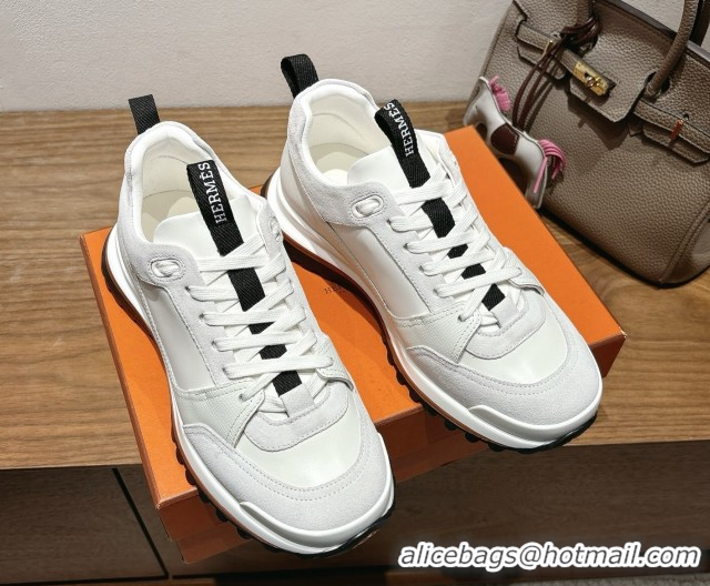 Buy Luxury Hermes Leader Sneakers in Suede and Calfskin Leather White 1023039