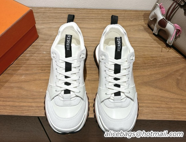 Buy Luxury Hermes Leader Sneakers in Suede and Calfskin Leather White 1023039