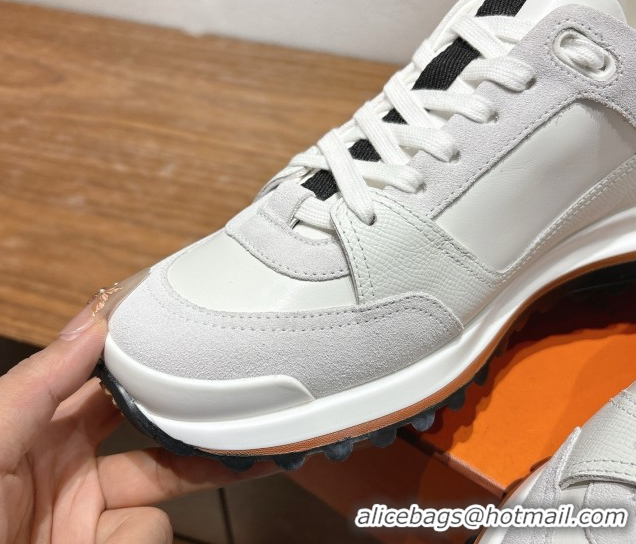 Buy Luxury Hermes Leader Sneakers in Suede and Calfskin Leather White 1023039