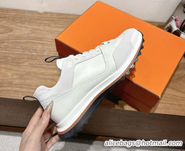 Buy Luxury Hermes Leader Sneakers in Suede and Calfskin Leather White 1023039