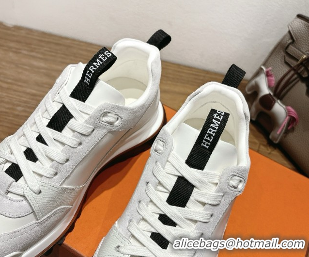 Buy Luxury Hermes Leader Sneakers in Suede and Calfskin Leather White 1023039