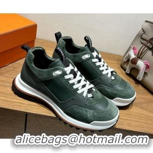 Buy Discount Hermes Leader Sneakers in Suede and Calfskin Leather Green 1023040