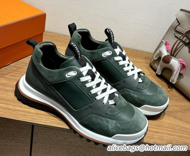 Buy Discount Hermes Leader Sneakers in Suede and Calfskin Leather Green 1023040
