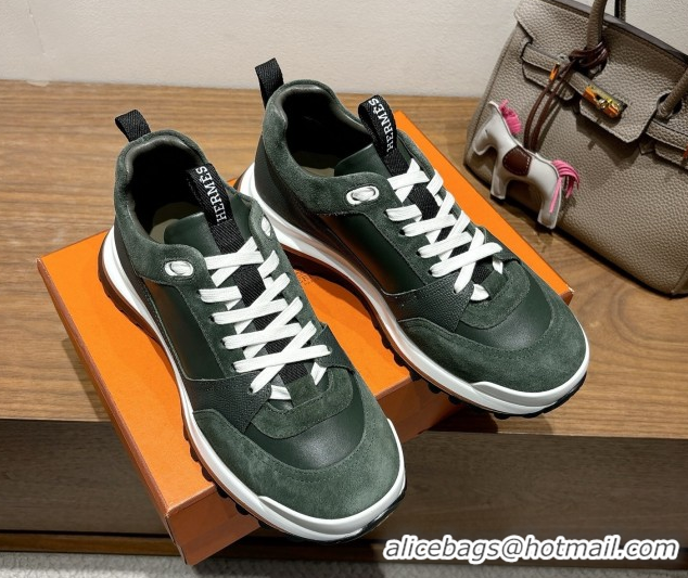 Buy Discount Hermes Leader Sneakers in Suede and Calfskin Leather Green 1023040
