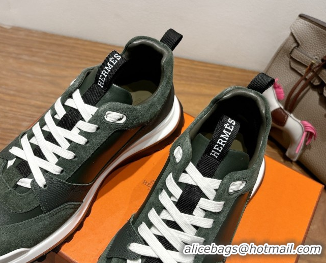 Buy Discount Hermes Leader Sneakers in Suede and Calfskin Leather Green 1023040