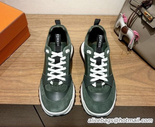 Buy Discount Hermes Leader Sneakers in Suede and Calfskin Leather Green 1023040