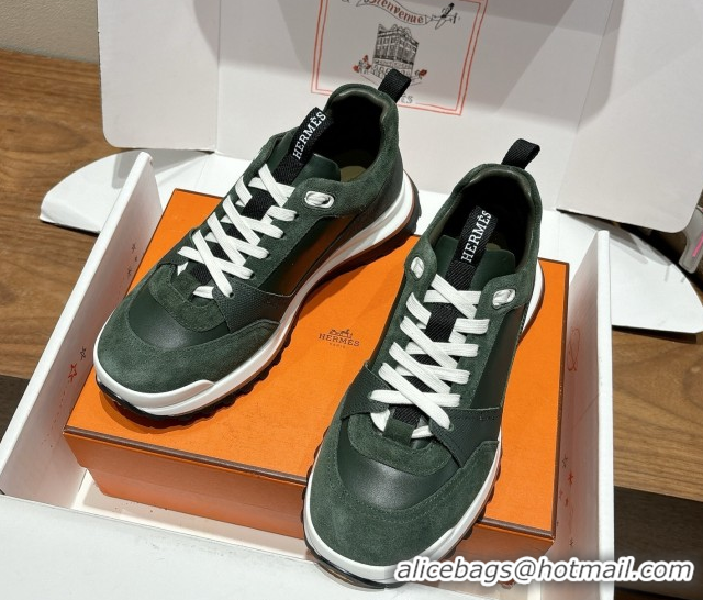 Buy Discount Hermes Leader Sneakers in Suede and Calfskin Leather Green 1023040