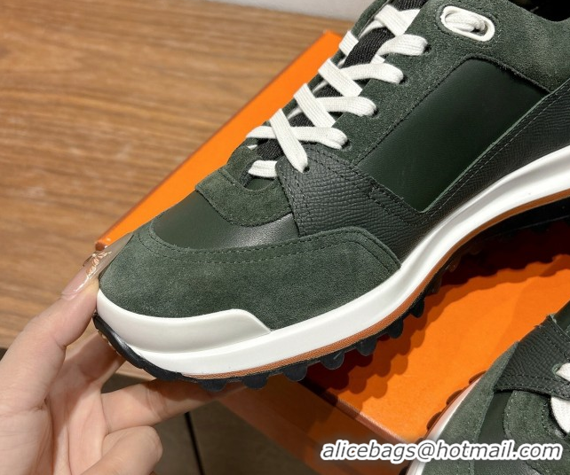 Buy Discount Hermes Leader Sneakers in Suede and Calfskin Leather Green 1023040