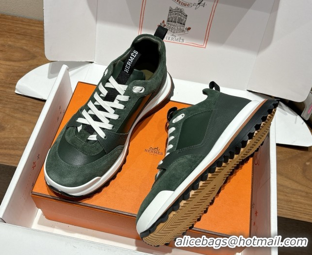 Buy Discount Hermes Leader Sneakers in Suede and Calfskin Leather Green 1023040