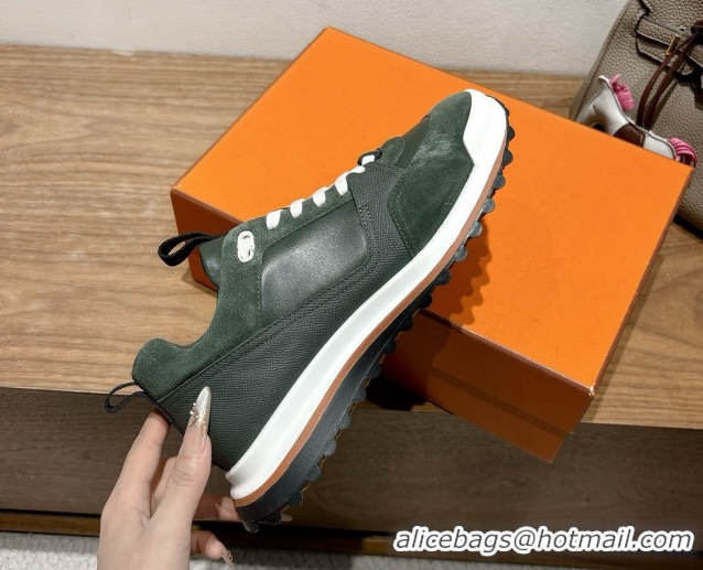 Buy Discount Hermes Leader Sneakers in Suede and Calfskin Leather Green 1023040