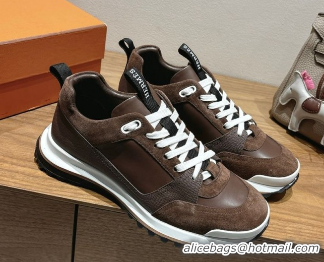 Best Grade Hermes Leader Sneakers in Suede and Calfskin Leather Dark Brown 1023041