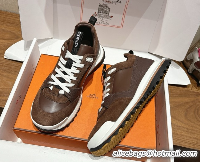 Best Grade Hermes Leader Sneakers in Suede and Calfskin Leather Dark Brown 1023041