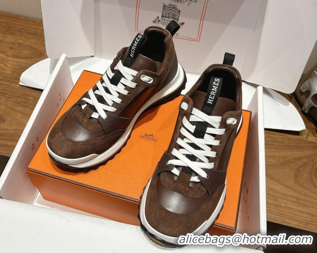 Best Grade Hermes Leader Sneakers in Suede and Calfskin Leather Dark Brown 1023041