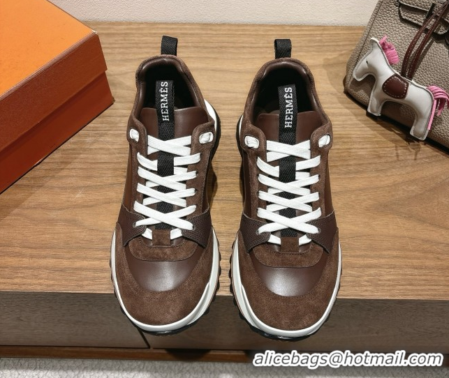 Best Grade Hermes Leader Sneakers in Suede and Calfskin Leather Dark Brown 1023041